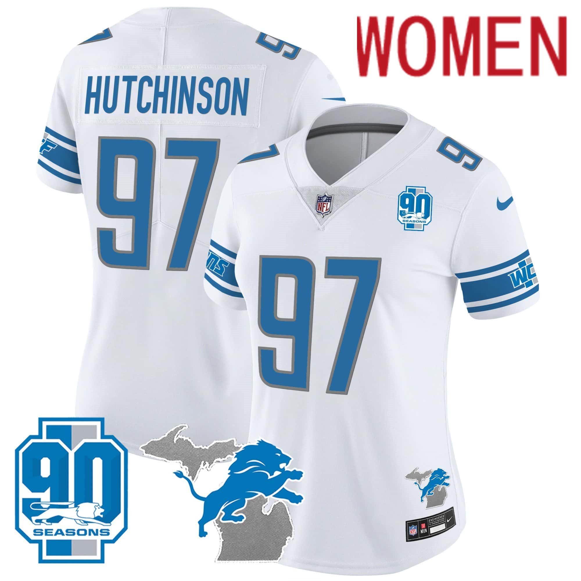 Women Detroit Lions #97 Hutchinson White 2024 Nike 90th Year Michigan Patch Vapor NFL Jersey